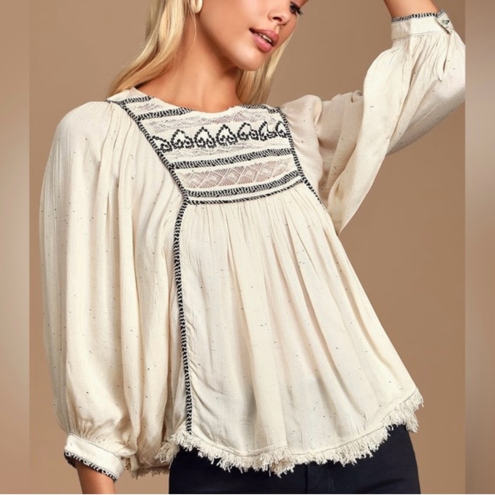 Free People Cypress Avenue Ivory and Black Embroidered Peasant  Size Sma…
